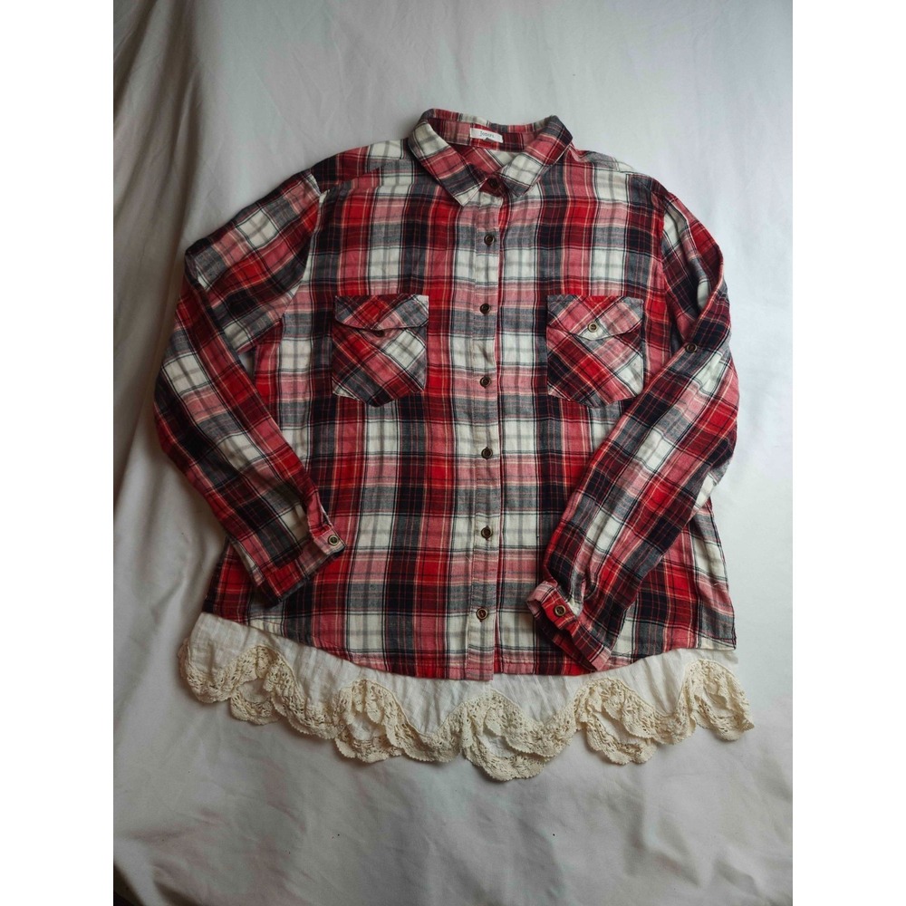 Jodifl Button Up Womens L Plaid Lace Crochet Hem Boho Western Grunge Cottagecore